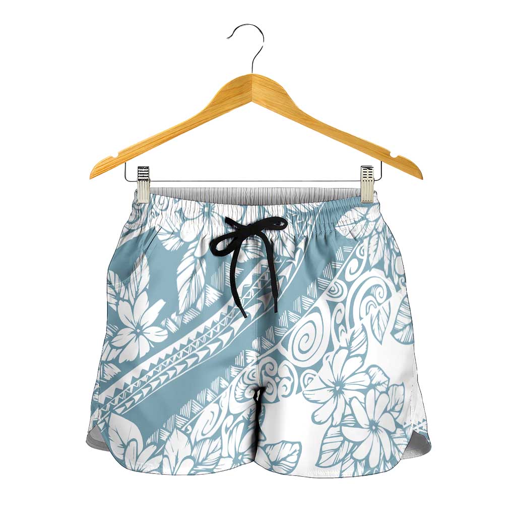 Polynesia Shorts for Women Polynesian Tropical Flowers Blue Pastel Vibes - Polynesian Pride