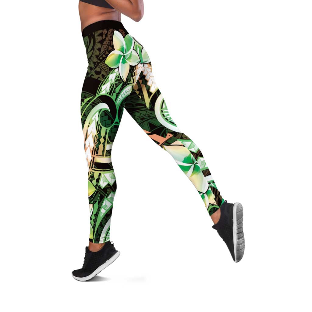 Polynesian Art Tattoo Leggings Plumeria Flowers Green Gradient