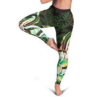 Polynesian Art Tattoo Leggings Plumeria Flowers Green Gradient