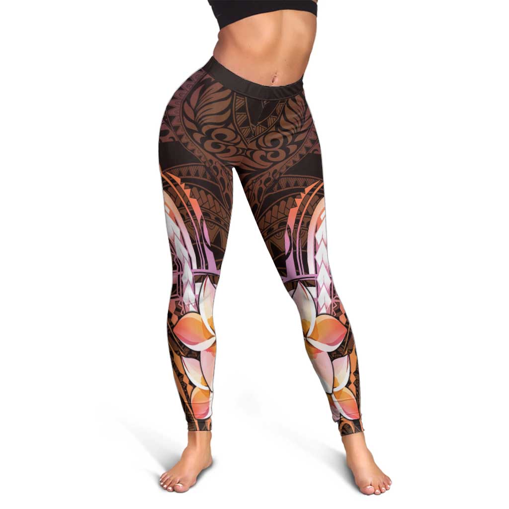 Polynesian Art Tattoo Leggings Plumeria Flowers Peach Gradient