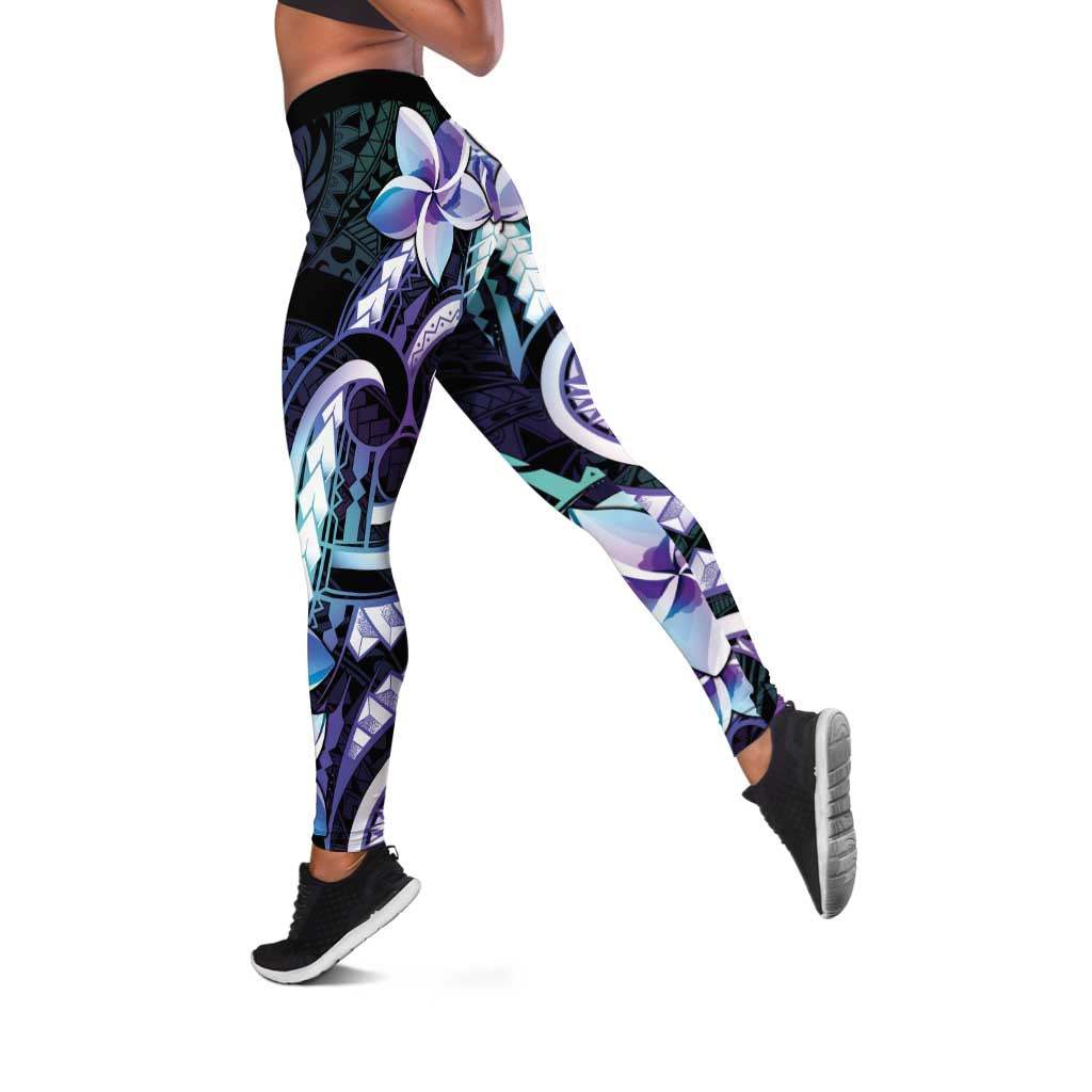 Polynesian Art Tattoo Leggings Plumeria Flowers Turquoise Gradient