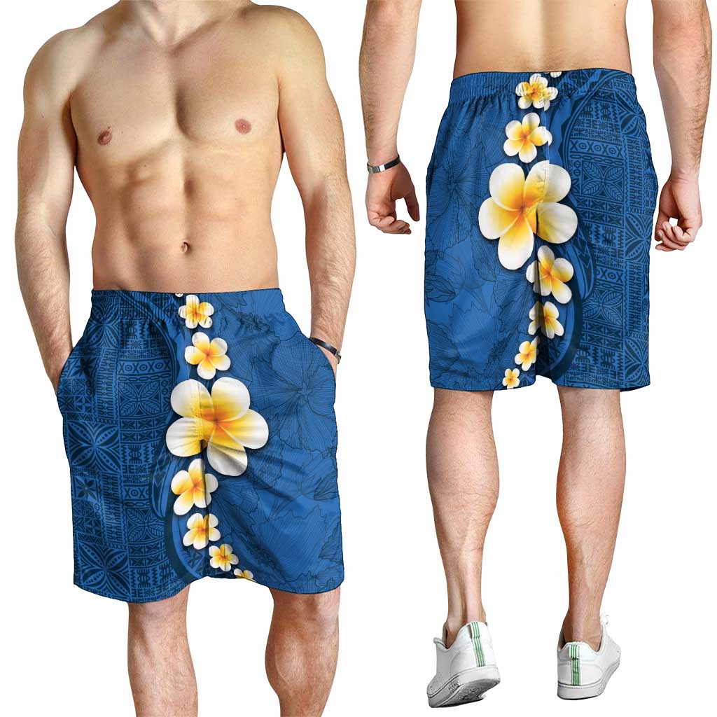 Polynesian Hibiscus and Plumeria Tapa Pattern Shorts for Men Blue Color - Polynesian Pride