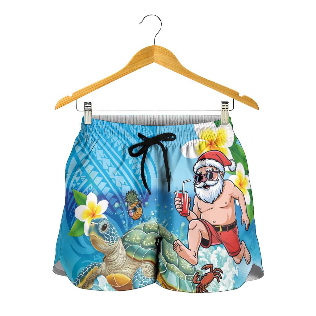 Polynesian Merry Christmas Shorts for Women Funny Santa with Sea Turtle on Beach and Plumeria - Polynesian Pride