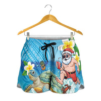 Polynesian Merry Christmas Shorts for Women Funny Santa with Sea Turtle on Beach and Plumeria - Polynesian Pride