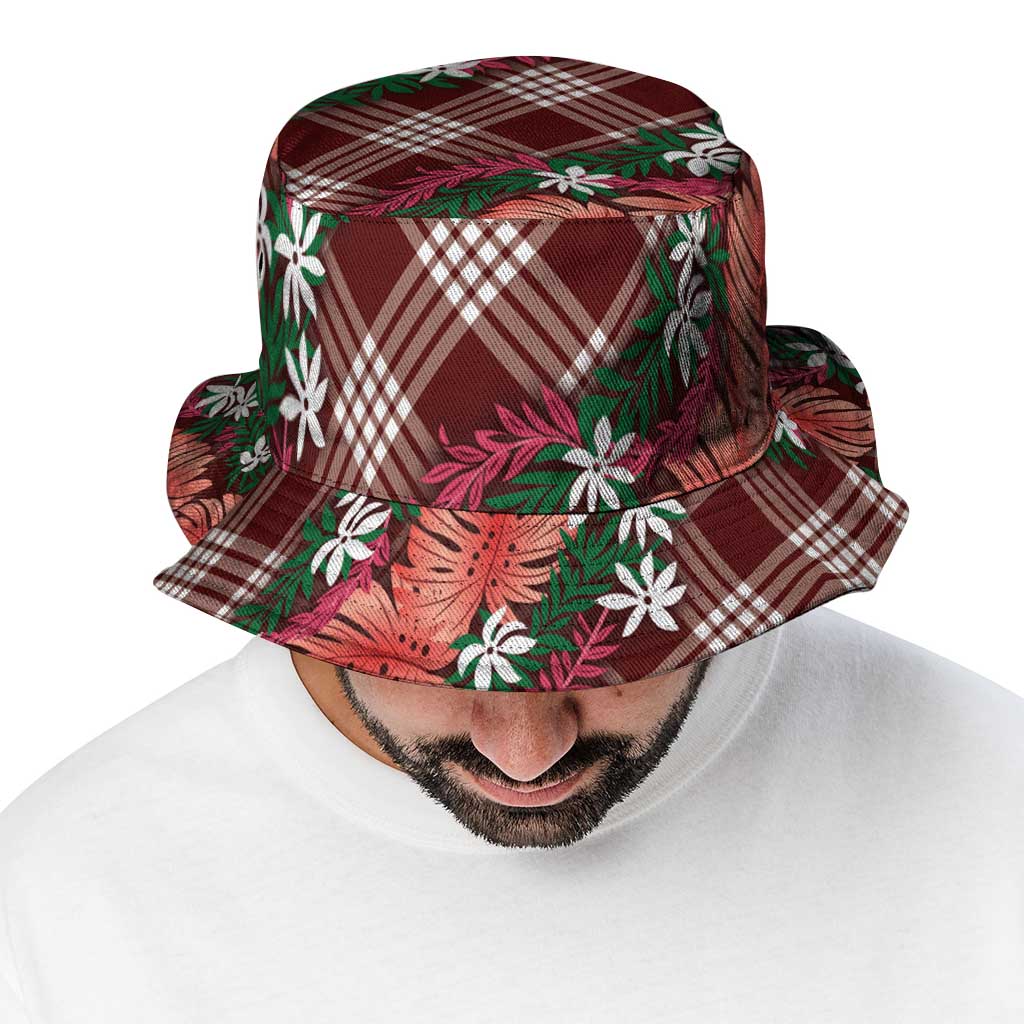 Polynesian Monstera Tiare Floral Bucket Hat Burgundy Tropical Plaid - Polynesian Pride