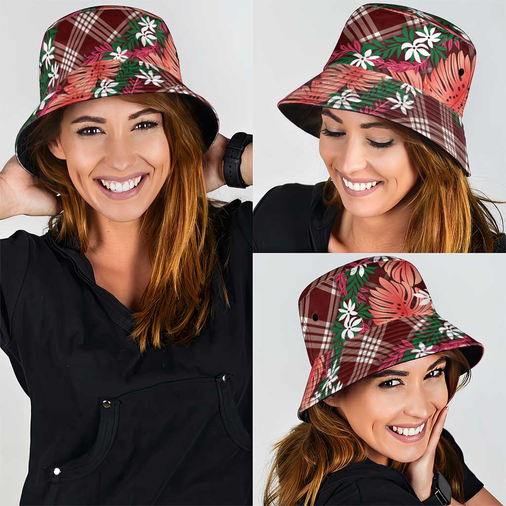 Polynesian Monstera Tiare Floral Bucket Hat Burgundy Tropical Plaid - Polynesian Pride