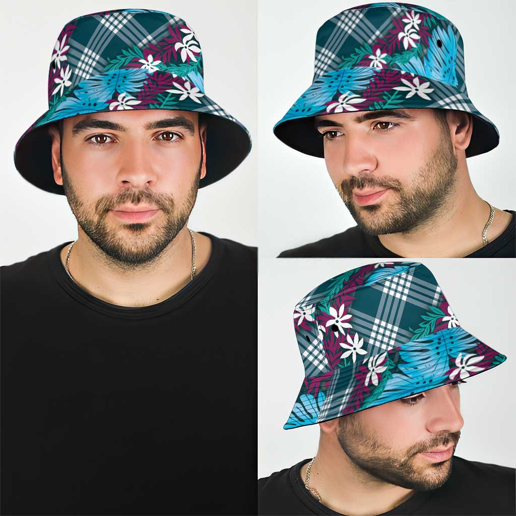 Polynesian Monstera Tiare Floral Bucket Hat Dark Teal Tropical Plaid - Polynesian Pride