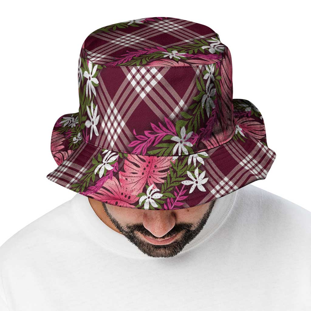 Polynesian Monstera Tiare Floral Bucket Hat Fuchsia Tropical Plaid - Polynesian Pride
