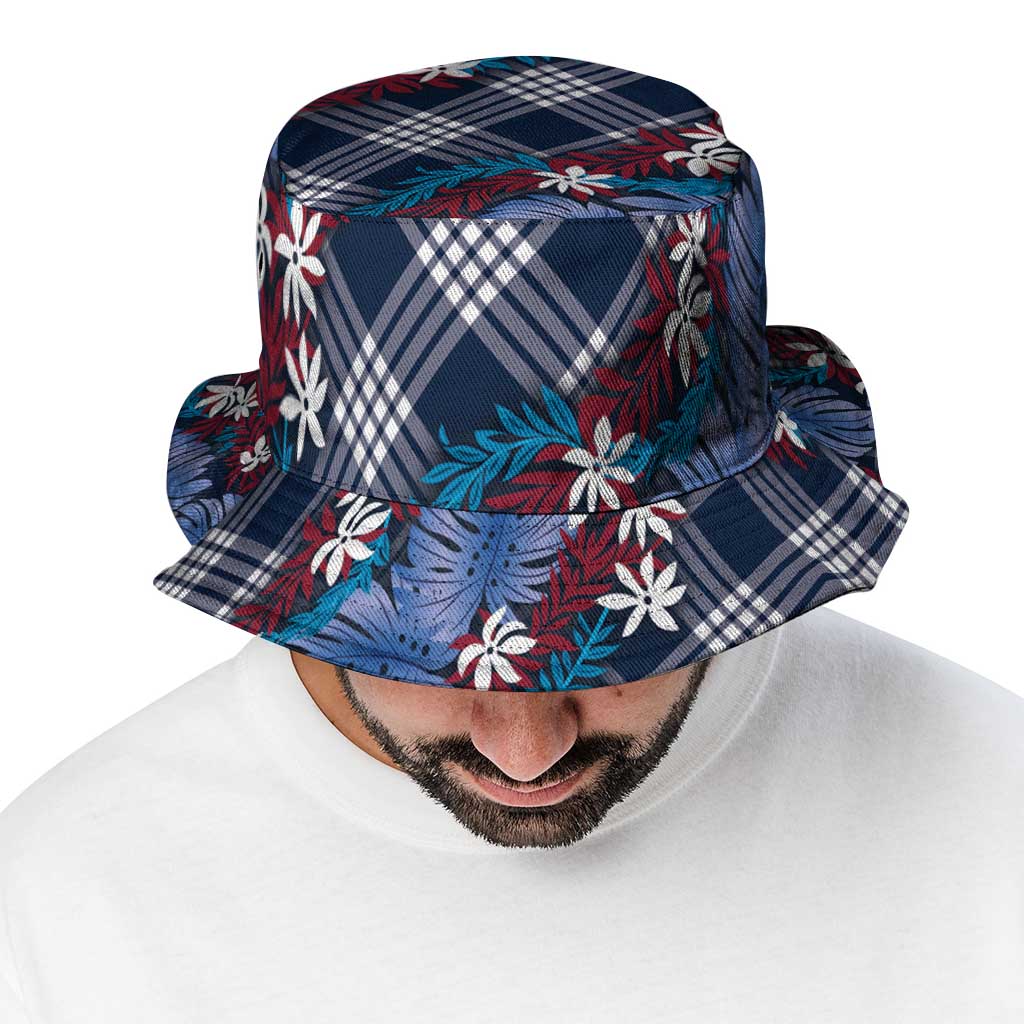 Polynesian Monstera Tiare Floral Bucket Hat Royal Blue Tropical Plaid - Polynesian Pride