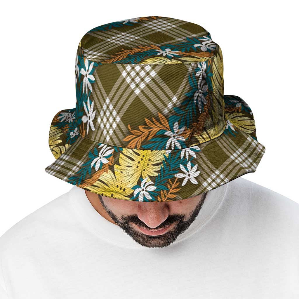 Polynesian Monstera Tiare Floral Bucket Hat Yellow Tropical Plaid - Polynesian Pride