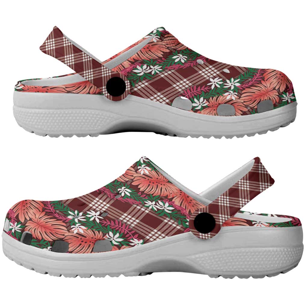 Polynesian Monstera Tiare Floral Clogs Shoes Burgundy Tropical Plaid - Polynesian Pride