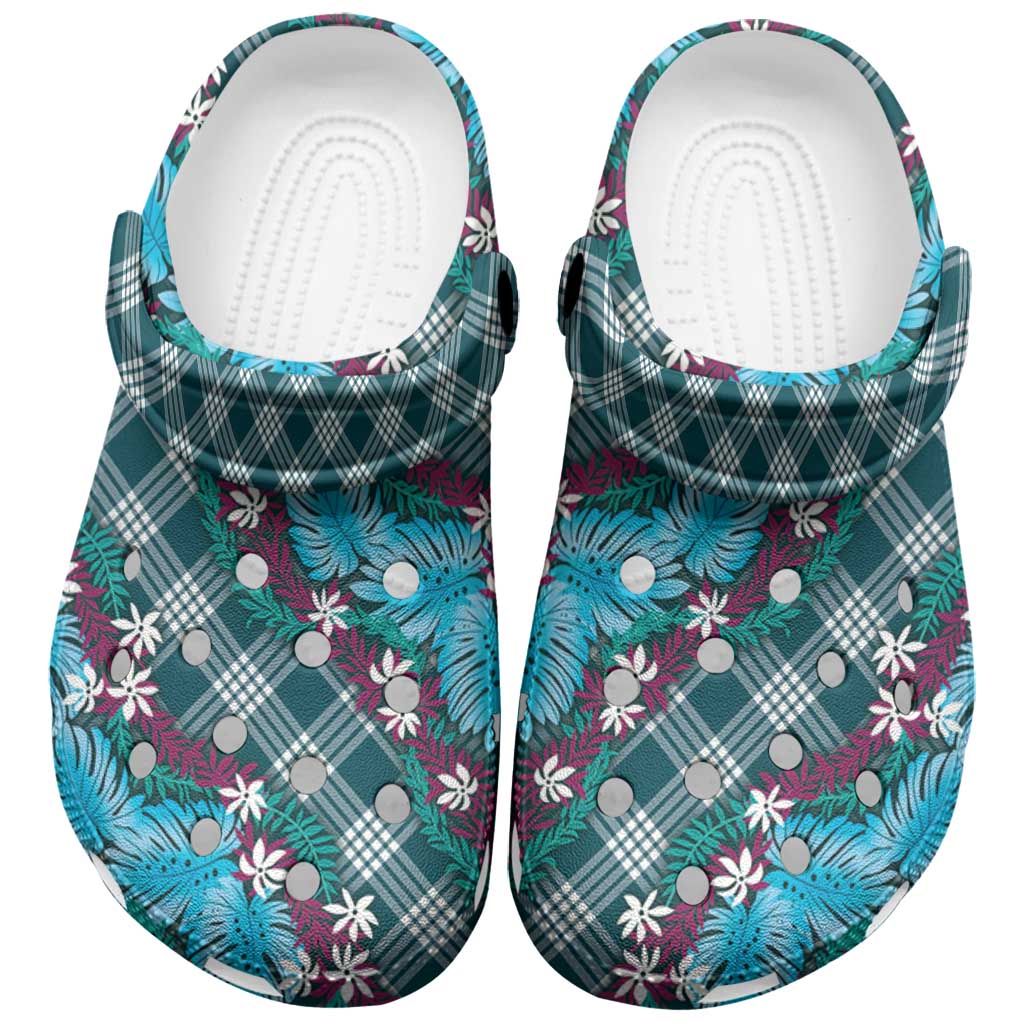 Polynesian Monstera Tiare Floral Clogs Shoes Dark Teal Tropical Plaid - Polynesian Pride