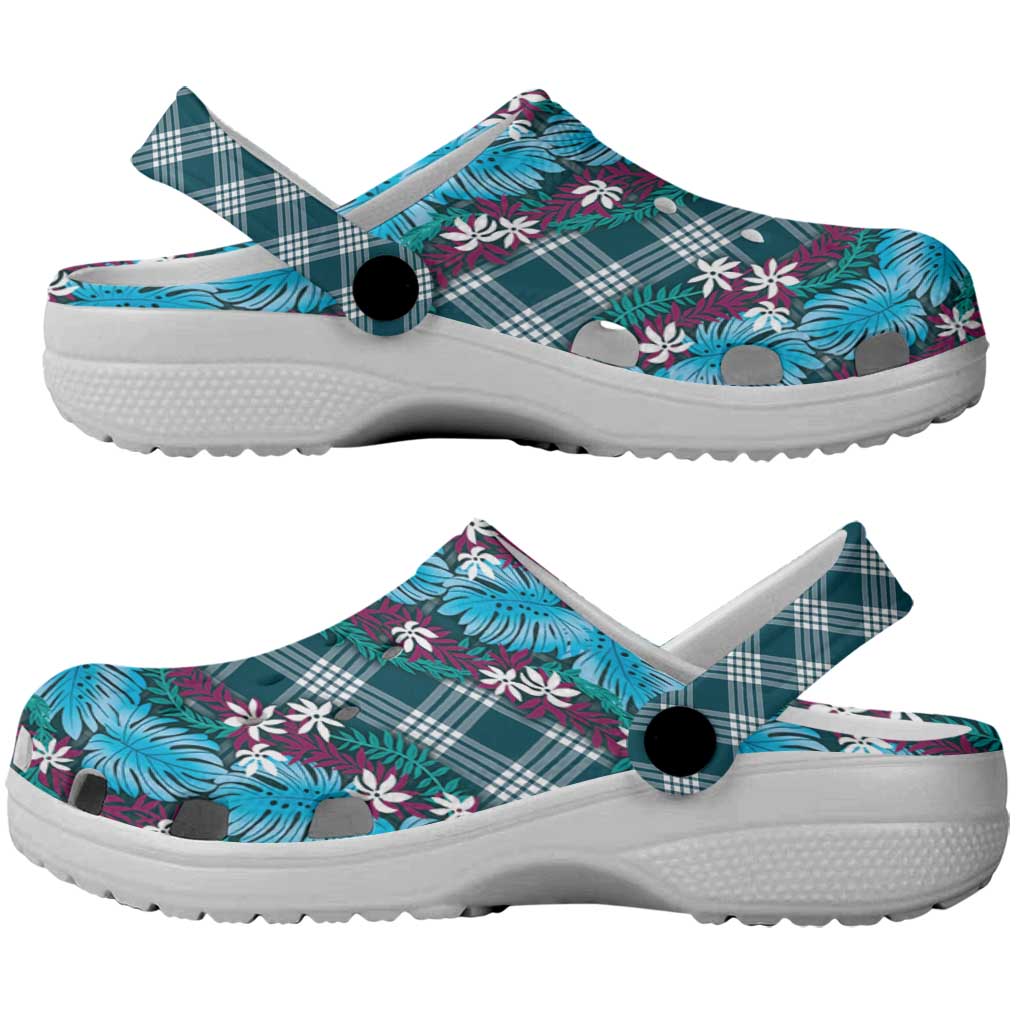 Polynesian Monstera Tiare Floral Clogs Shoes Dark Teal Tropical Plaid - Polynesian Pride