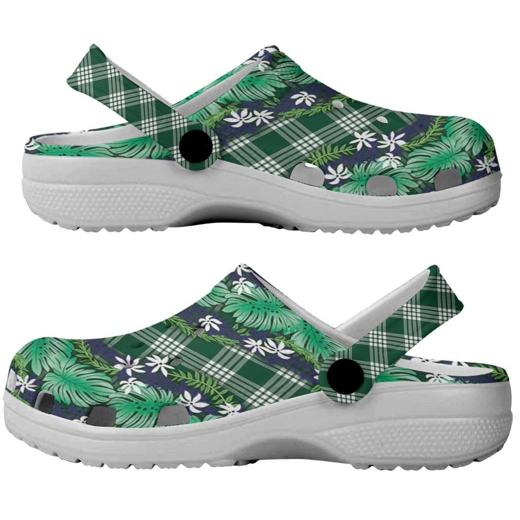 Polynesian Monstera Tiare Floral Clogs Shoes Forest Green Tropical Plaid - Polynesian Pride