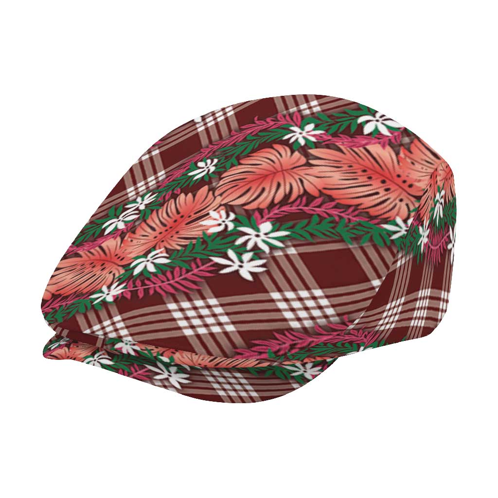 Polynesian Monstera Tiare Floral Jeff Hat Burgundy Tropical Plaid - Polynesian Pride