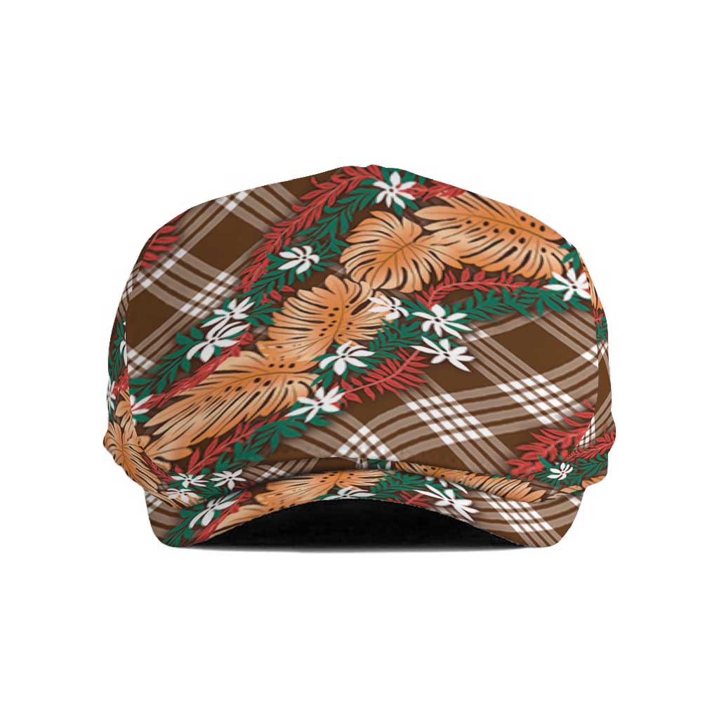 Polynesian Monstera Tiare Floral Jeff Hat Chocolate Brown Tropical Plaid - Polynesian Pride