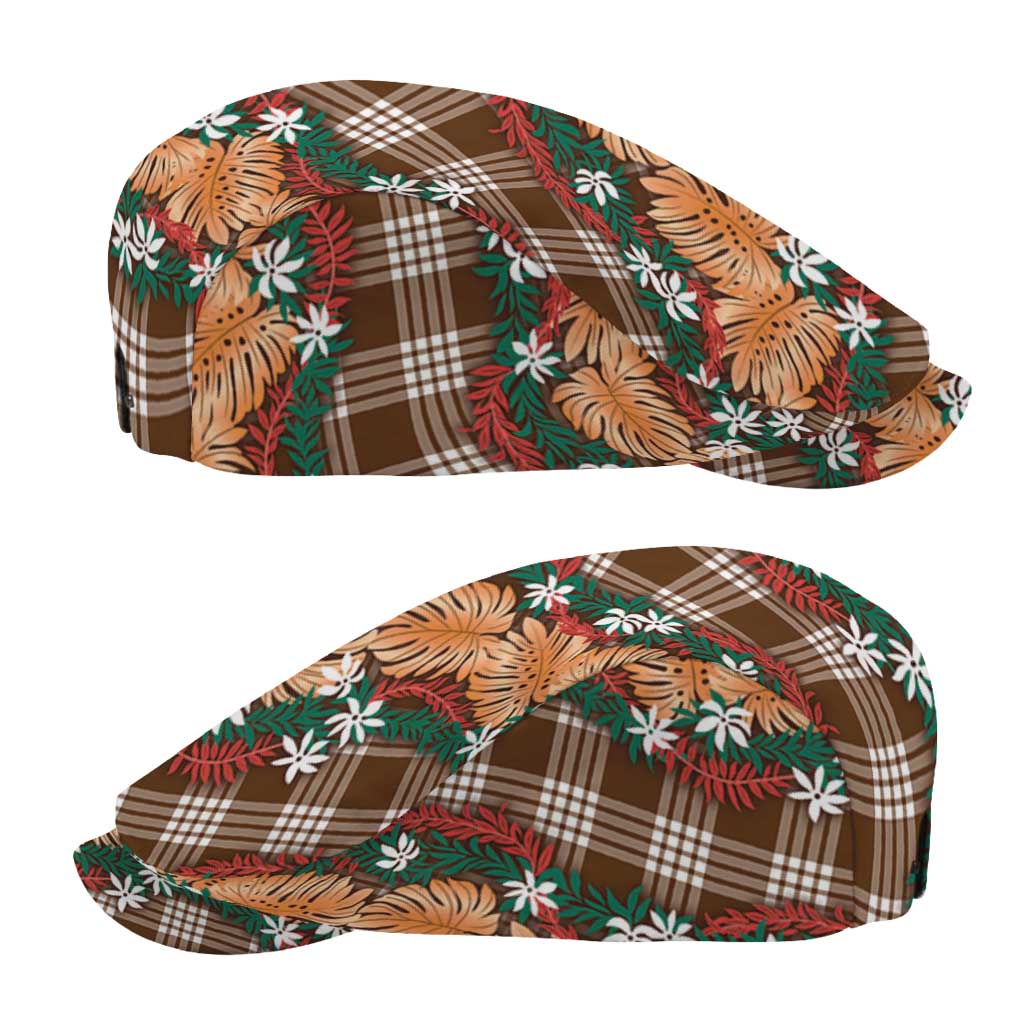 Polynesian Monstera Tiare Floral Jeff Hat Chocolate Brown Tropical Plaid - Polynesian Pride