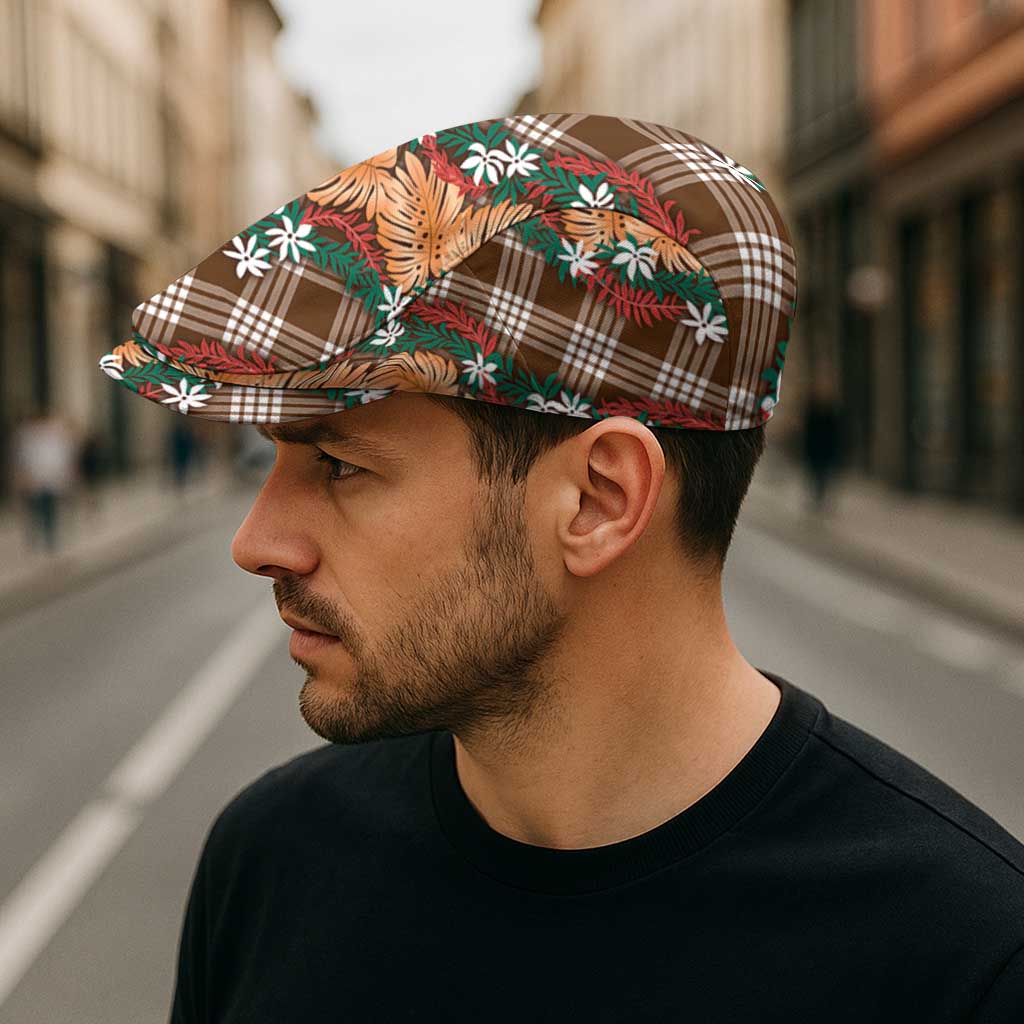 Polynesian Monstera Tiare Floral Jeff Hat Chocolate Brown Tropical Plaid - Polynesian Pride