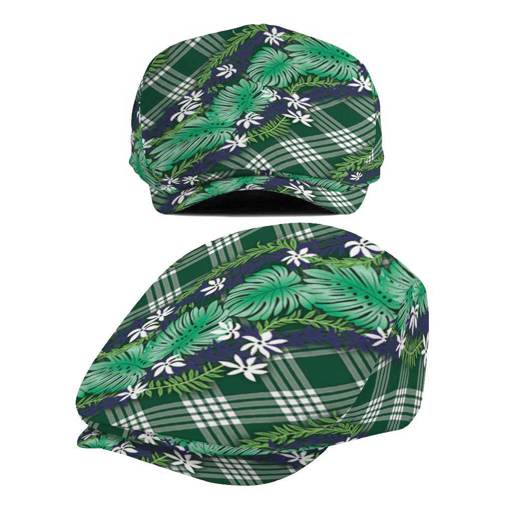 Polynesian Monstera Tiare Floral Jeff Hat Forest Green Tropical Plaid - Polynesian Pride
