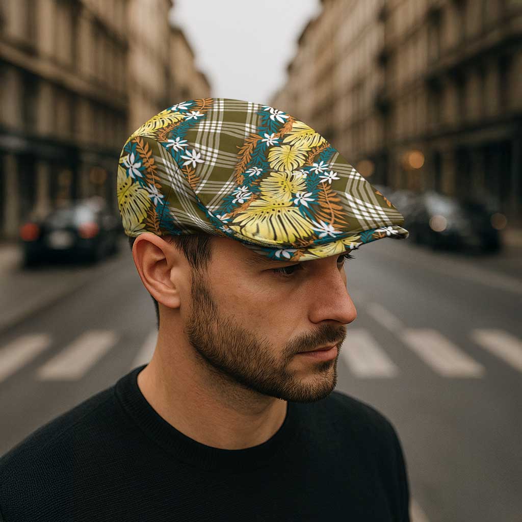 Polynesian Monstera Tiare Floral Jeff Hat Yellow Tropical Plaid - Polynesian Pride