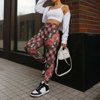 Polynesian Monstera Tiare Floral Jogger Pants Burgundy Tropical Plaid - Polynesian Pride