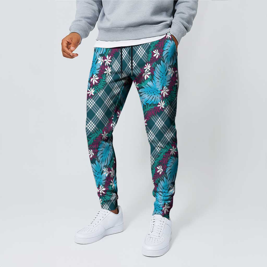 Polynesian Monstera Tiare Floral Jogger Pants Dark Teal Tropical Plaid - Polynesian Pride