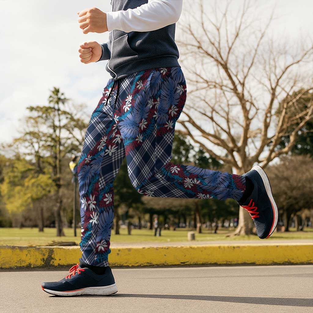 Polynesian Monstera Tiare Floral Jogger Pants Royal Blue Tropical Plaid - Polynesian Pride
