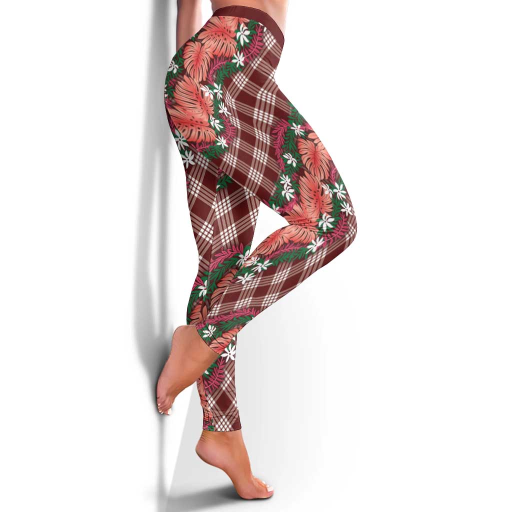 Polynesian Monstera Tiare Floral Leggings Burgundy Tropical Plaid - Polynesian Pride