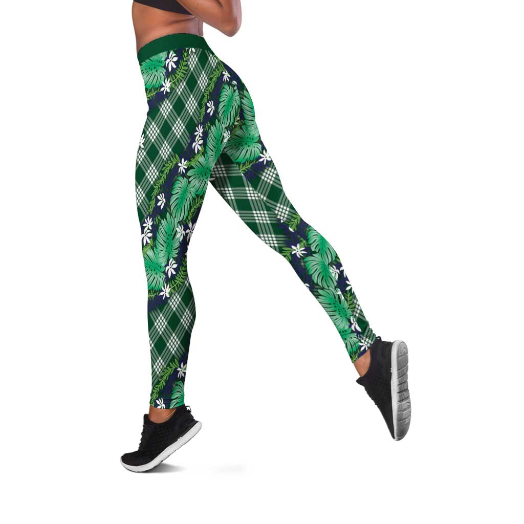 Polynesian Monstera Tiare Floral Leggings Forest Green Tropical Plaid - Polynesian Pride