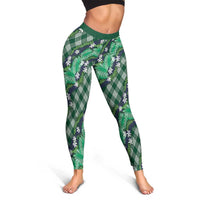 Polynesian Monstera Tiare Floral Leggings Forest Green Tropical Plaid - Polynesian Pride