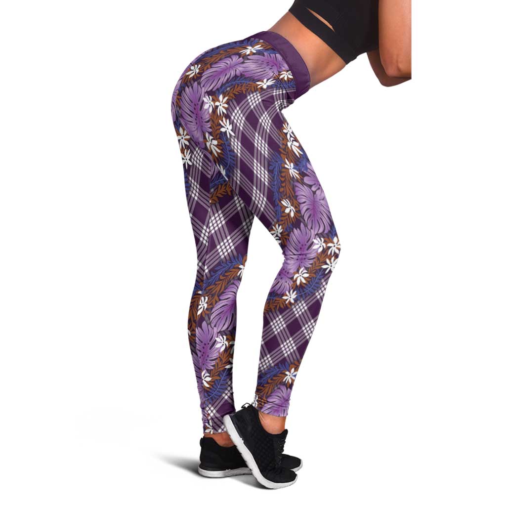 Polynesian Monstera Tiare Floral Leggings Lavender Tropical Plaid - Polynesian Pride