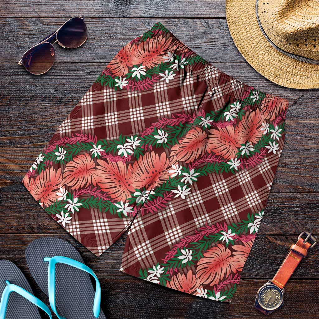 Polynesian Monstera Tiare Floral Shorts for Men Burgundy Tropical Plaid - Polynesian Pride