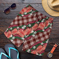 Polynesian Monstera Tiare Floral Shorts for Men Burgundy Tropical Plaid - Polynesian Pride