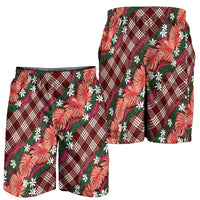 Polynesian Monstera Tiare Floral Shorts for Men Burgundy Tropical Plaid - Polynesian Pride