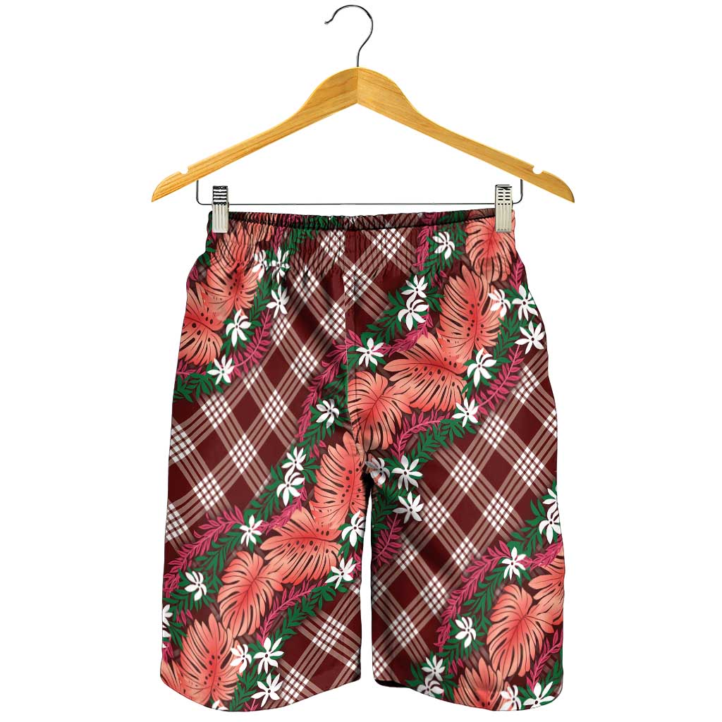 Polynesian Monstera Tiare Floral Shorts for Men Burgundy Tropical Plaid - Polynesian Pride