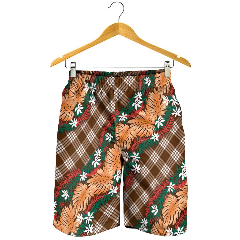 Polynesian Monstera Tiare Floral Shorts for Men Chocolate Brown Tropical Plaid - Polynesian Pride