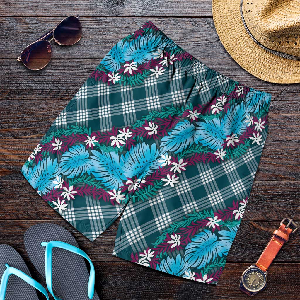 Polynesian Monstera Tiare Floral Shorts for Men Dark Teal Tropical Plaid - Polynesian Pride