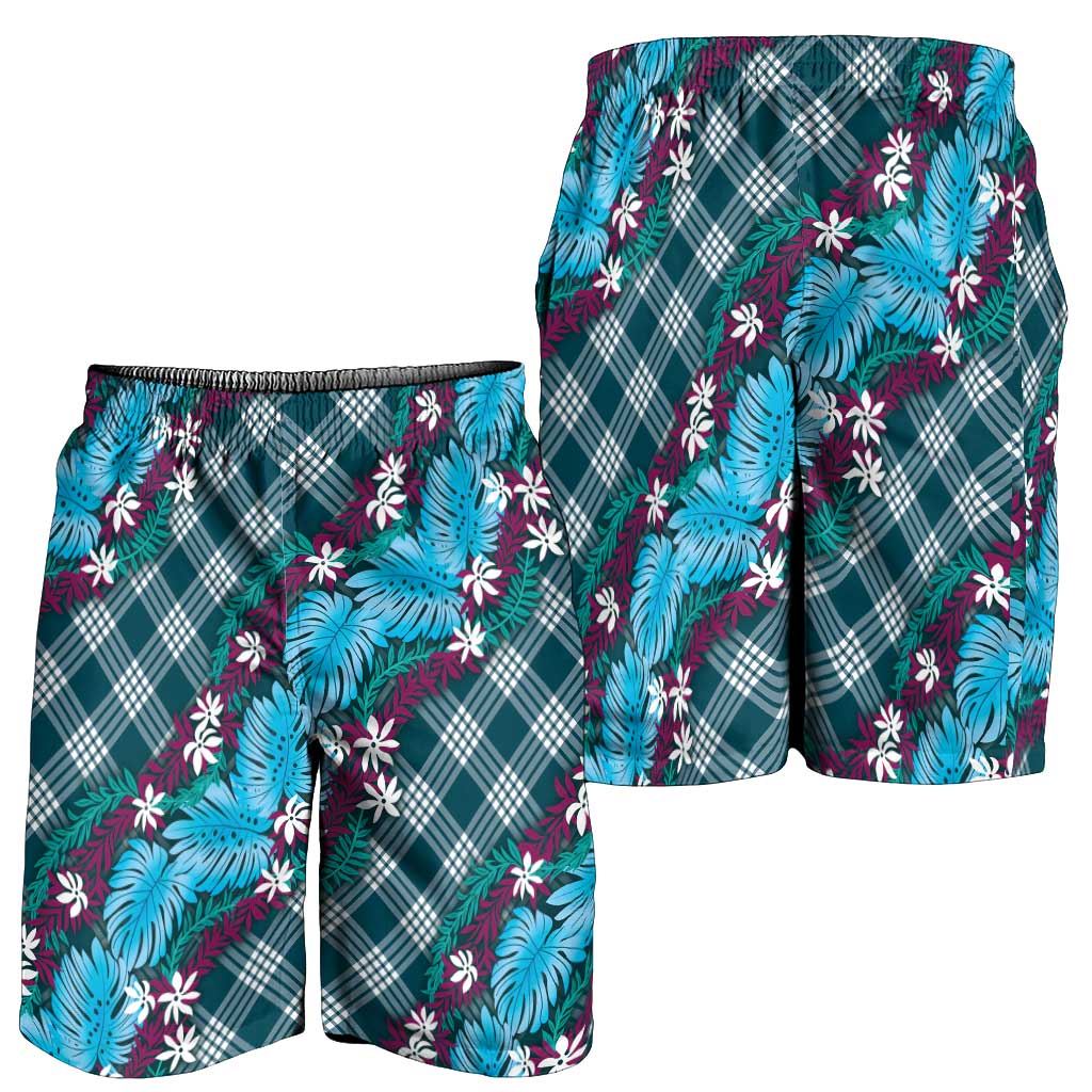 Polynesian Monstera Tiare Floral Shorts for Men Dark Teal Tropical Plaid - Polynesian Pride