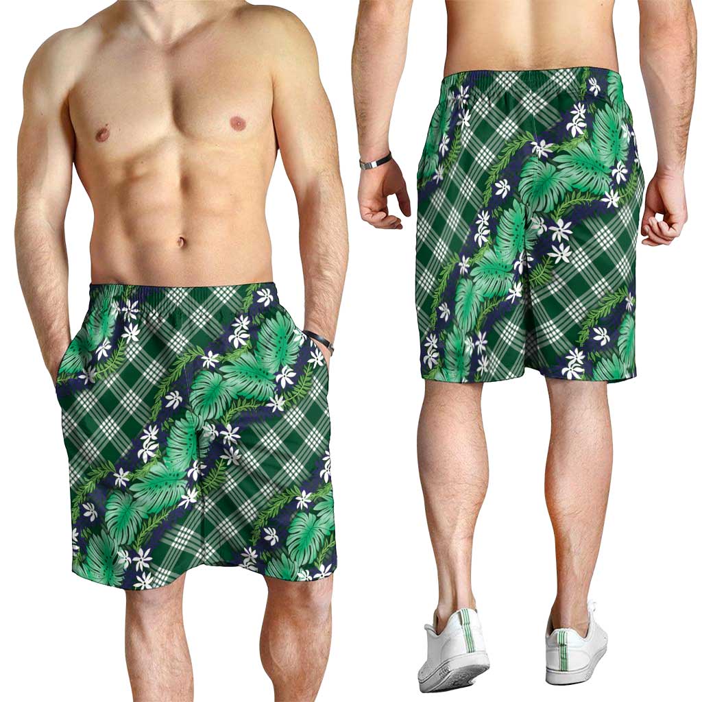 Polynesian Monstera Tiare Floral Shorts for Men Forest Green Tropical Plaid - Polynesian Pride