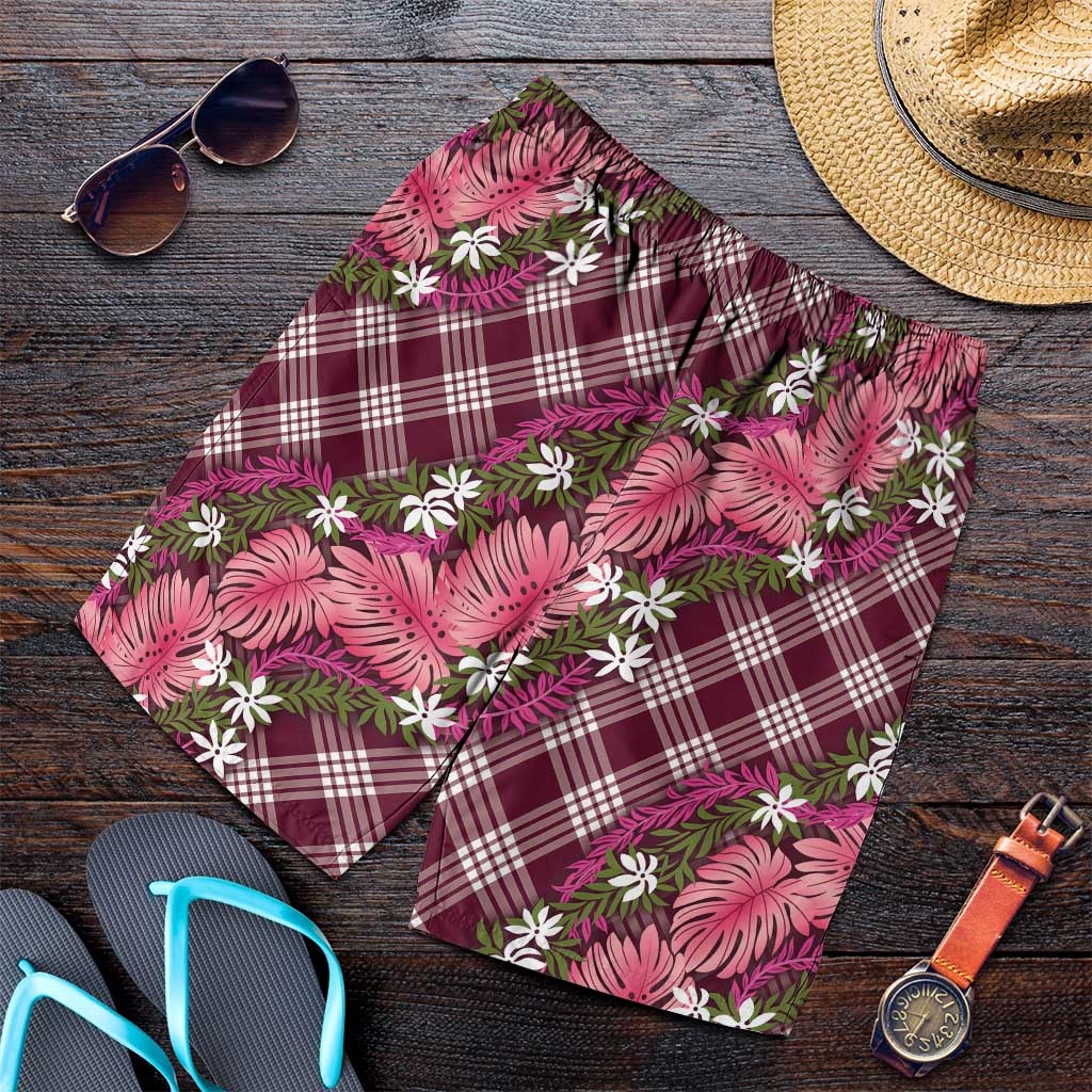 Polynesian Monstera Tiare Floral Shorts for Men Fuchsia Tropical Plaid - Polynesian Pride