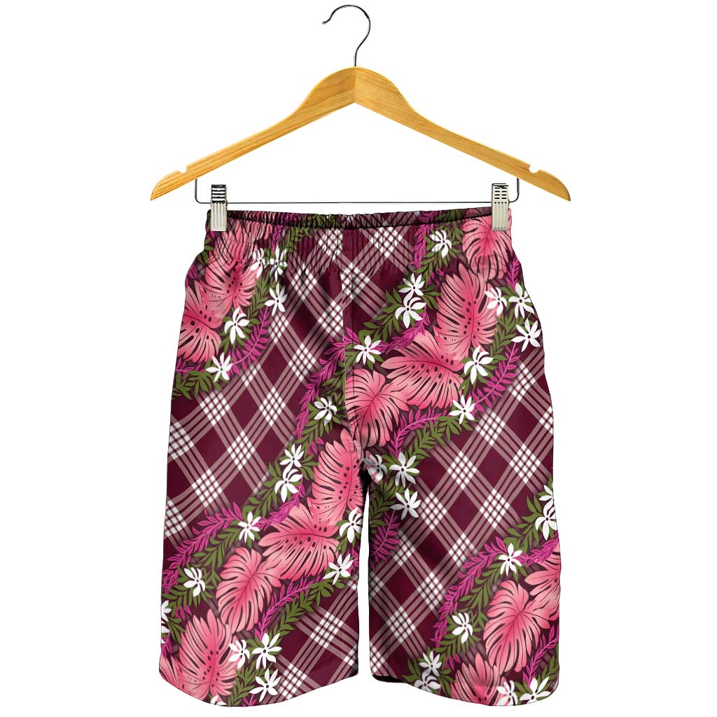 Polynesian Monstera Tiare Floral Shorts for Men Fuchsia Tropical Plaid - Polynesian Pride