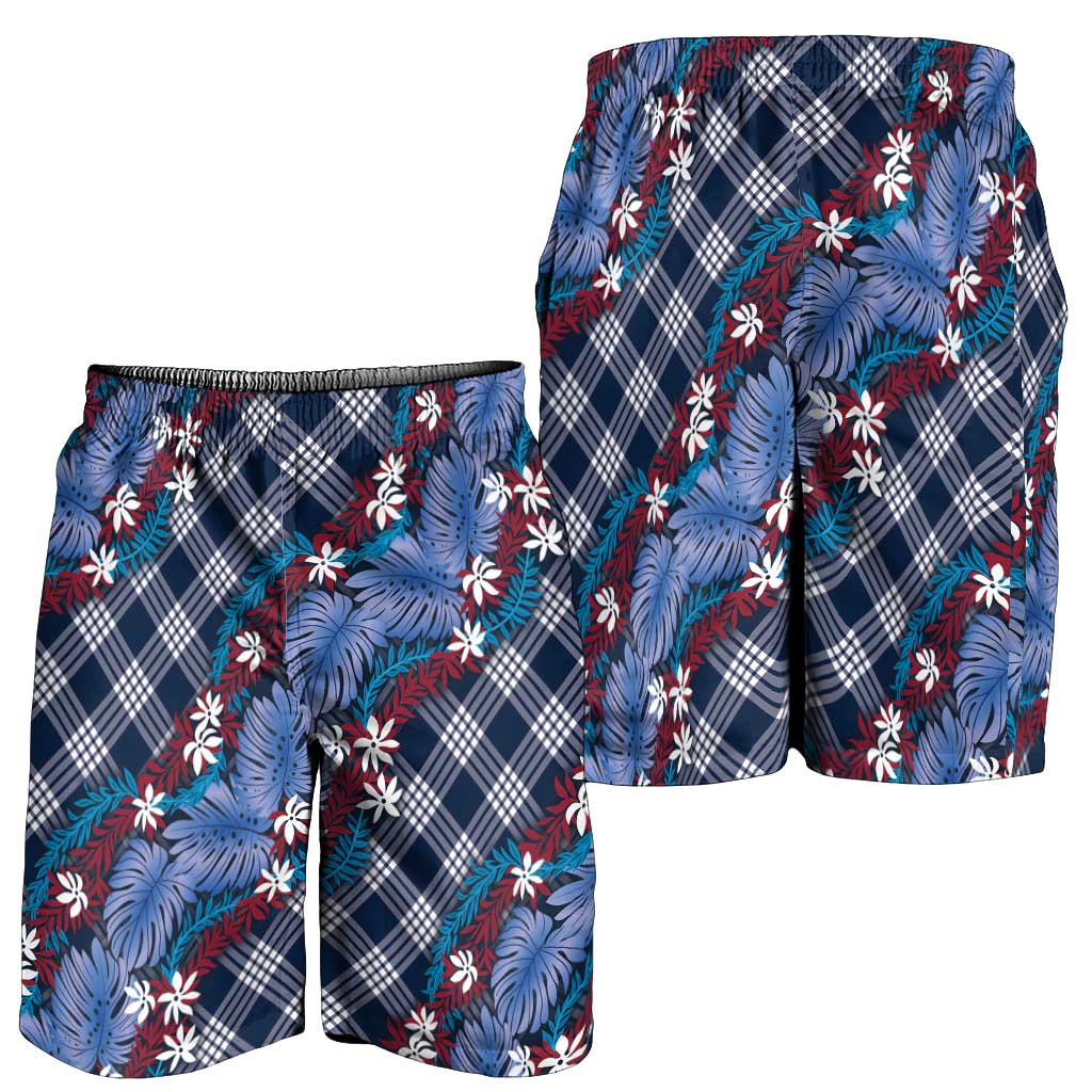 Polynesian Monstera Tiare Floral Shorts for Men Royal Blue Tropical Plaid - Polynesian Pride
