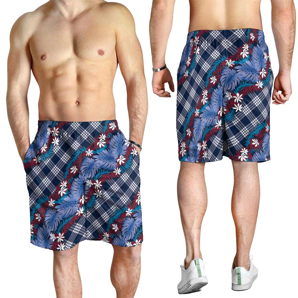 Polynesian Monstera Tiare Floral Shorts for Men Royal Blue Tropical Plaid - Polynesian Pride