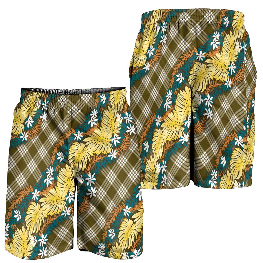 Polynesian Monstera Tiare Floral Shorts for Men Yellow Tropical Plaid - Polynesian Pride