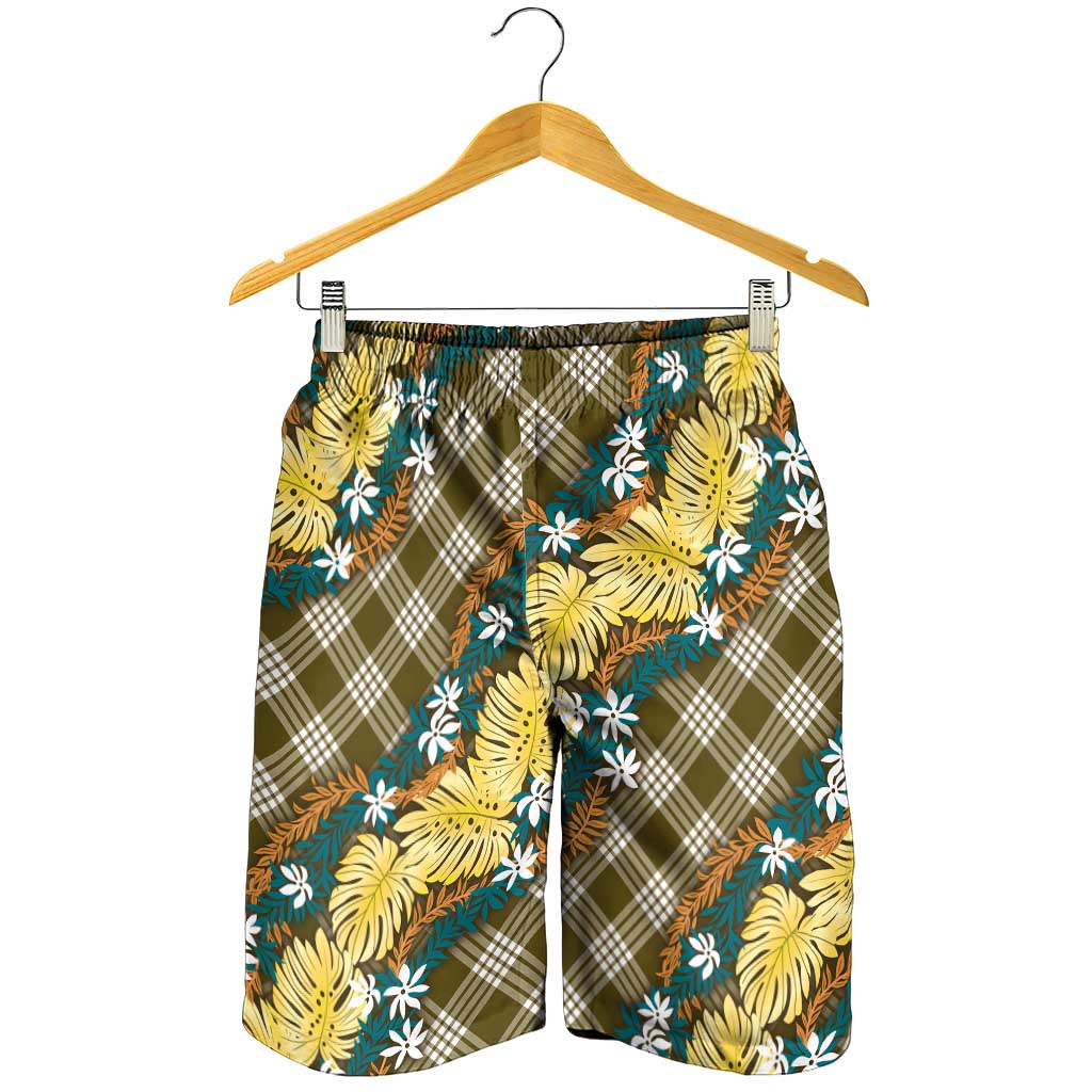 Polynesian Monstera Tiare Floral Shorts for Men Yellow Tropical Plaid - Polynesian Pride