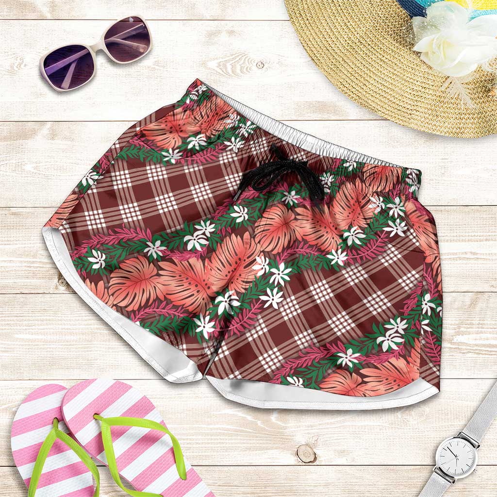 Polynesian Monstera Tiare Floral Shorts for Women Burgundy Tropical Plaid - Polynesian Pride