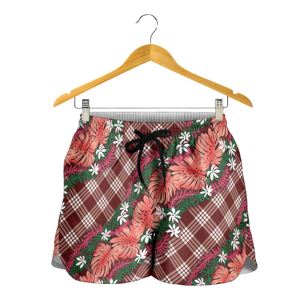 Polynesian Monstera Tiare Floral Shorts for Women Burgundy Tropical Plaid - Polynesian Pride
