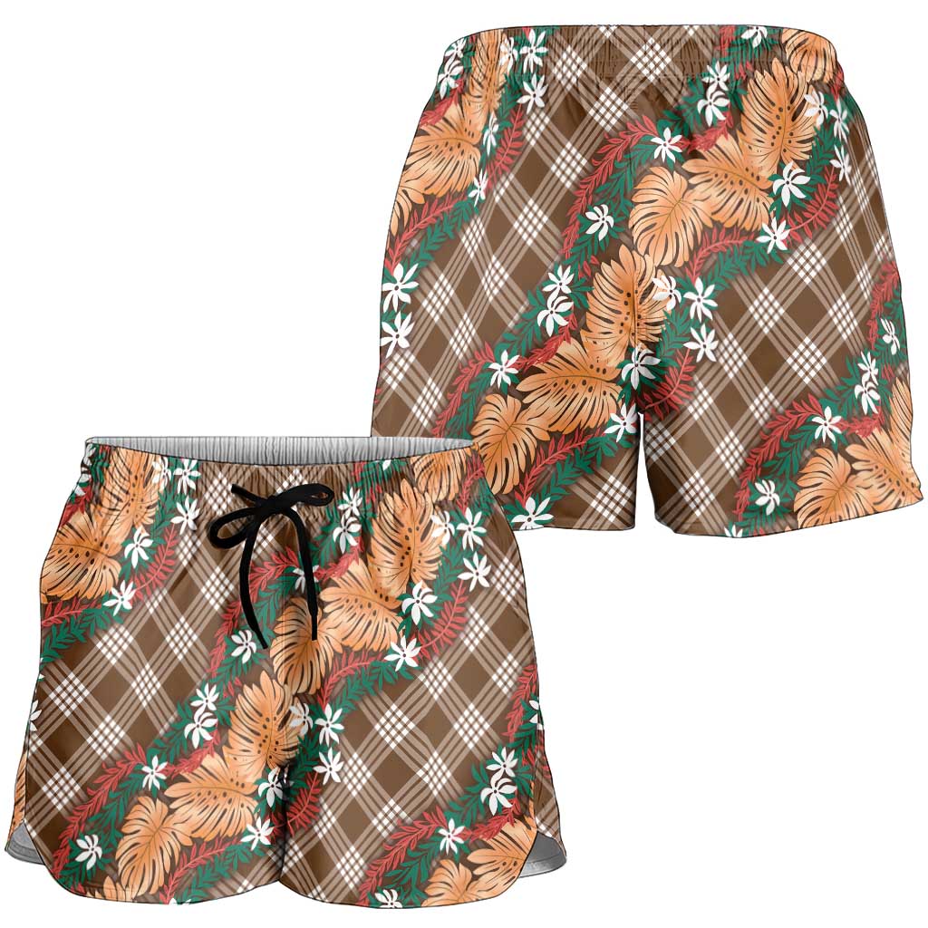Polynesian Monstera Tiare Floral Shorts for Women Chocolate Brown Tropical Plaid - Polynesian Pride