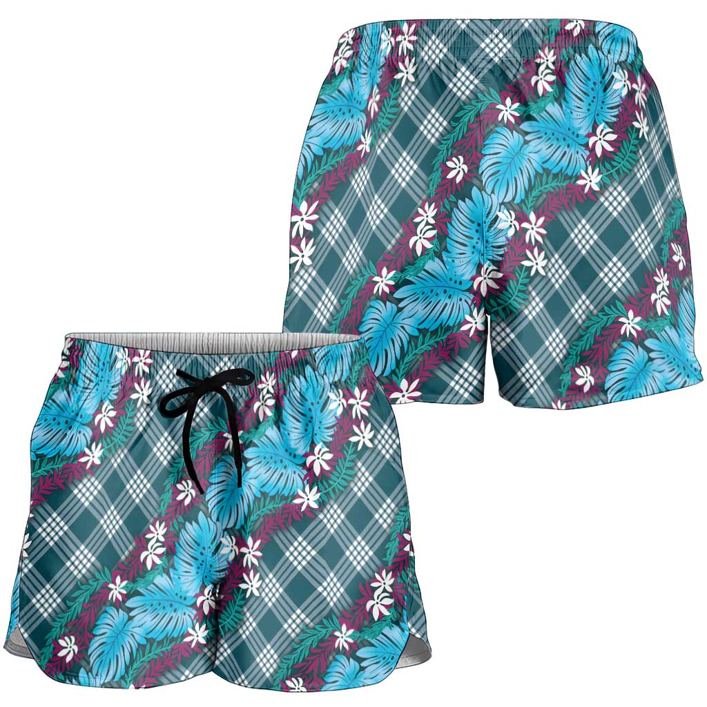 Polynesian Monstera Tiare Floral Shorts for Women Dark Teal Tropical Plaid - Polynesian Pride