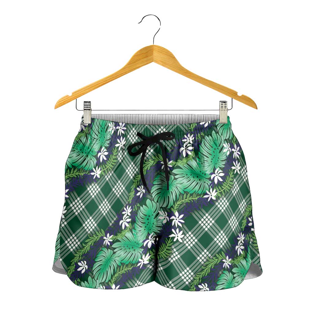 Polynesian Monstera Tiare Floral Shorts for Women Forest Green Tropical Plaid - Polynesian Pride